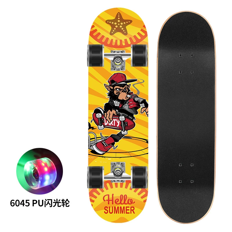 Polyurethane flash skateboard, 80×20 cm, double-kick deck, 6045 PU wheels, 300 lb load
