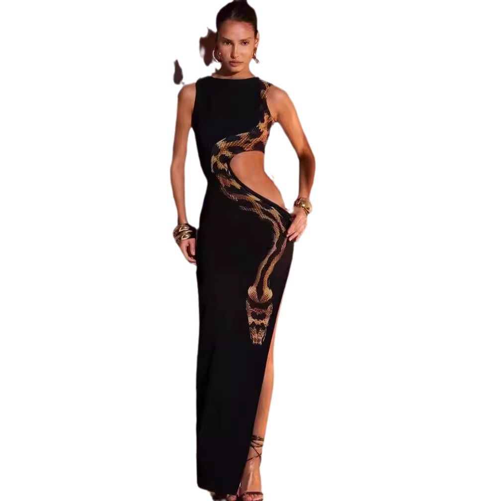 Women's Clothing Summer Women's Animal Print Dress Style Side Waist Hollow Out Slim Fit Long Skirt With Slit_ecoleips.com