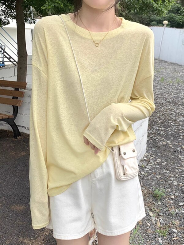 Korean-Style Loose and Lazy Thin Sun-Protective Long-Sleeve T-Shirt for Women, Spring and Summer Casual Slightly Sheer Spicy Girl Round-Neck Top Korean-Style Loose and Lazy Thin Sun-Protective Long-Sleeve T-Shirt for Women, Spring and Summer Casual Slightly Sheer Spicy Girl Round-Neck Top