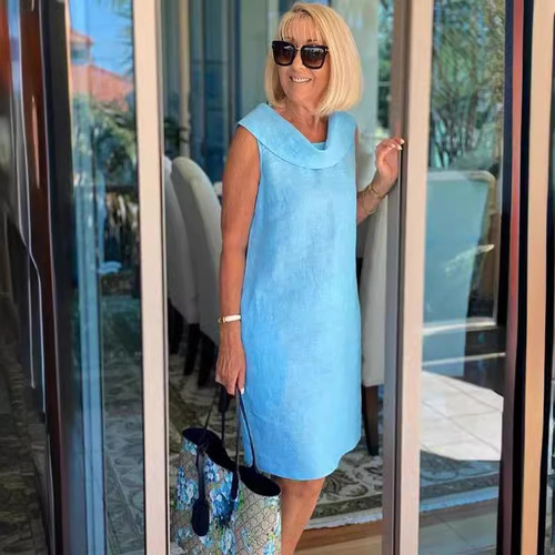 Cross-border Trade 2024 European and American Summer temu New Cotton Linen Casual Loose Collar Sleeveless Solid Color Dress 