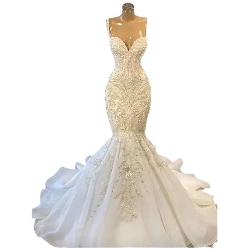 Women's Clothing Elegant Mermaid Wedding Dress With Beaded Lace, Strapless Corset Tie-Up Bridal Gown For Summer_voghion.com