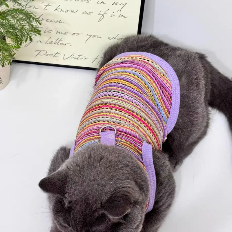 Perros de mascotas primavera y verano ventilador hueco chaleco de trenzado ropa delgada multicolor dorada capa azul muñeca de gato