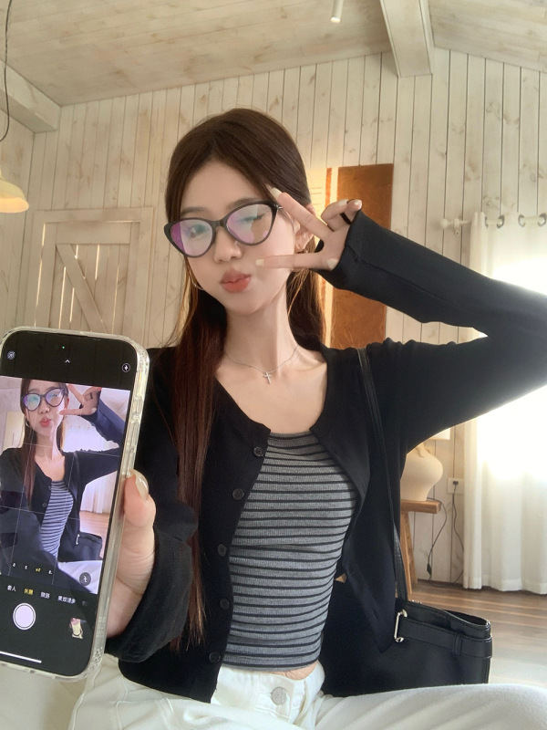 小众撞色条纹吊带背心辣妹套装女秋季气质长袖开衫短款外套两件套|undefined