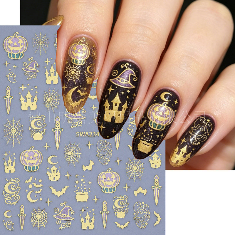 Cross-Border Halloween Nail Art Stickers Wholesale 3D Gold Stamping Pumpkin House Stars Moon Spider Web Hat Nail Decals Cross-Border Halloween Nail Art Stickers Wholesale 3D Gold Stamping Pumpkin House Stars Moon Spider Web Hat Nail Decals