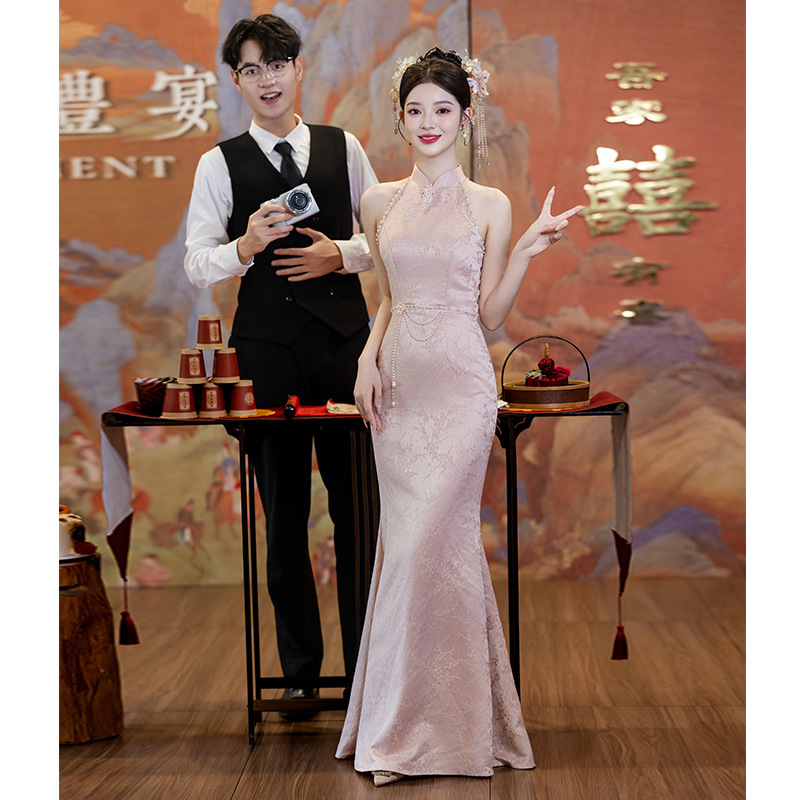 Pink Engagement Cheongsam Toast Dress Bride's New Chinese Wedding Dress dress Morning Gown Fishtail High-end Beautiful