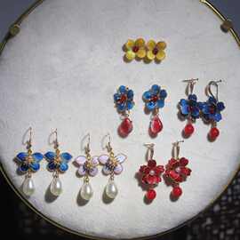 古风绒花耳环汉服配饰复古珍珠耳坠中式点翠风格耳饰女款