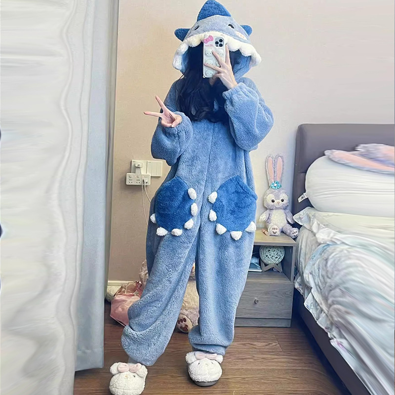 秋冬季法兰绒连体睡衣女家居服加厚鲨鱼连帽长毛绒保暖卡通套装|undefined