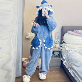 秋冬季法兰绒连体睡衣女家居服加厚鲨鱼连帽长毛绒保暖卡通套装