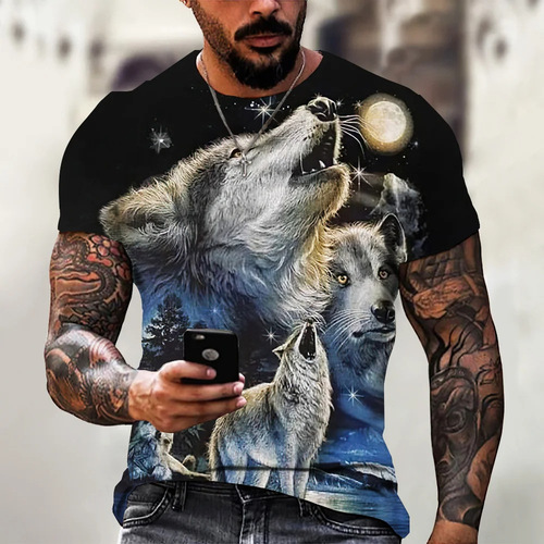 Direct Selling Wolf Pattern Print Men's Crew Neck Short Sleeve 3D Print Fashion T-shirt Plus Size Casual Apparel T-shirt