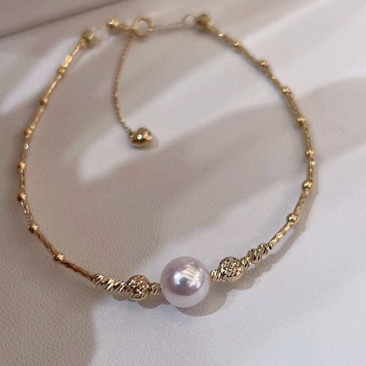 18K Gold Bracelet Japanese Sea Water akoya Pearl 7.5-8mm Bracelet Simple Women's Gold Bracelet Adjustable Round