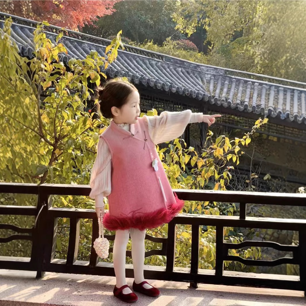 (2개) 2024 년 겨울새 아동복 신년복 걸스 국민스타일 양모 원피스 그라디언트 수정 청삼 원피스