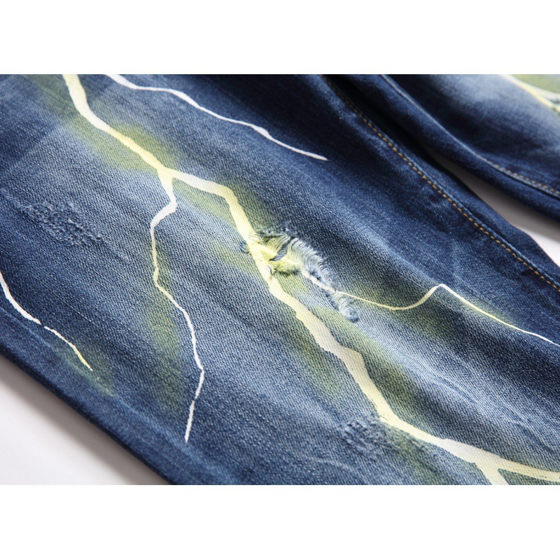 Men's Personalized Lightning Ripped Jeans American Style Digital Print Denim_voghion.com