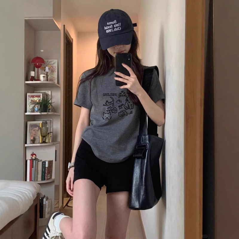 Grey Cotton Short-sleeved T-shirt American Print Shoulder Round Neck Slim-fit Slim-fit Spice Girl Top Basic T-shirt