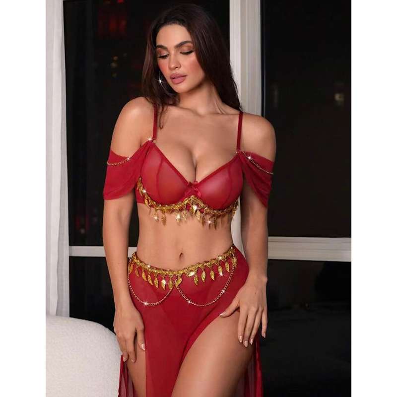 Cross-Border Hot-Selling Seductive Exotic Lingerie Red No-Take-Off Flirty Sheer Nightgown Set