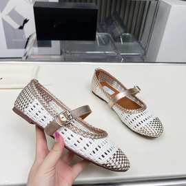外贸2025新款时尚网面透气单鞋轻便圆头平底一字扣镂空编织女鞋潮