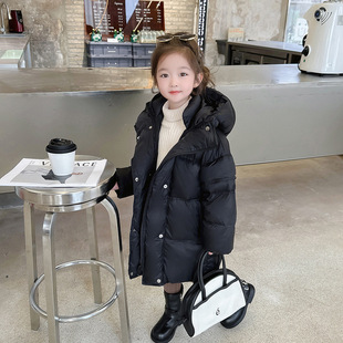 Girls Down Jacket White Duck Down Winter 2024 New Children's Long fleece-lined Thickened Korean Style Hooded Jacket Trendy