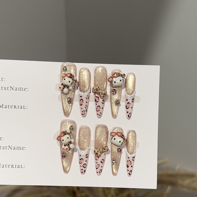 Purely Handmade Sparkling Leopard Print Bow French-Style Kitty Cat-Eye Sweet Cool Style for Hot Girls, Autumn and Winter Wearable Nails, Autumn and Winter Edition