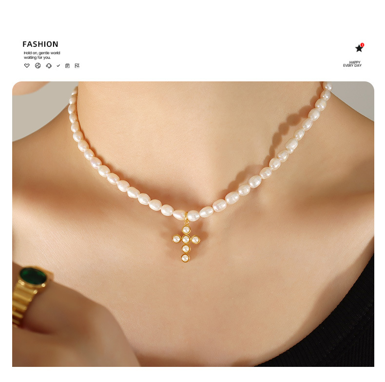 Elegant Cross Pearl Titanium Steel Plating Artificial Pearls Pendant Necklace