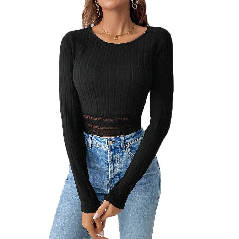 Voya Women's Simple And Versatile T-shirt With Spring And Summer Lace And Lace Trim, Slim Fit, Short Length, Long Sleeved Inner Top_ecoleips.com