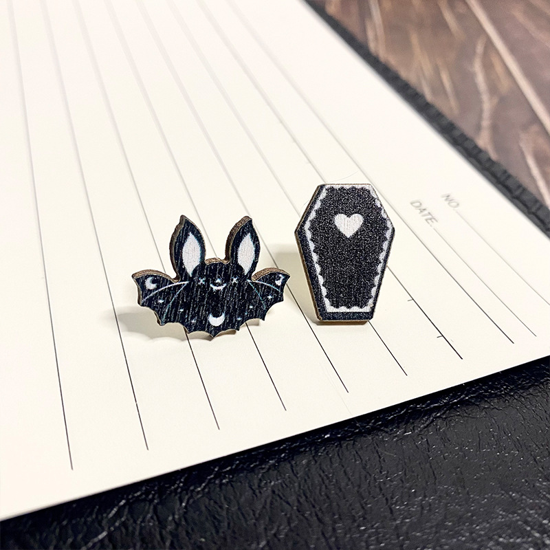 Wood Material Halloween Festival 1 Pair Punk Bat Skull Asymmetrical Wood Women's Earrings Ear Studs