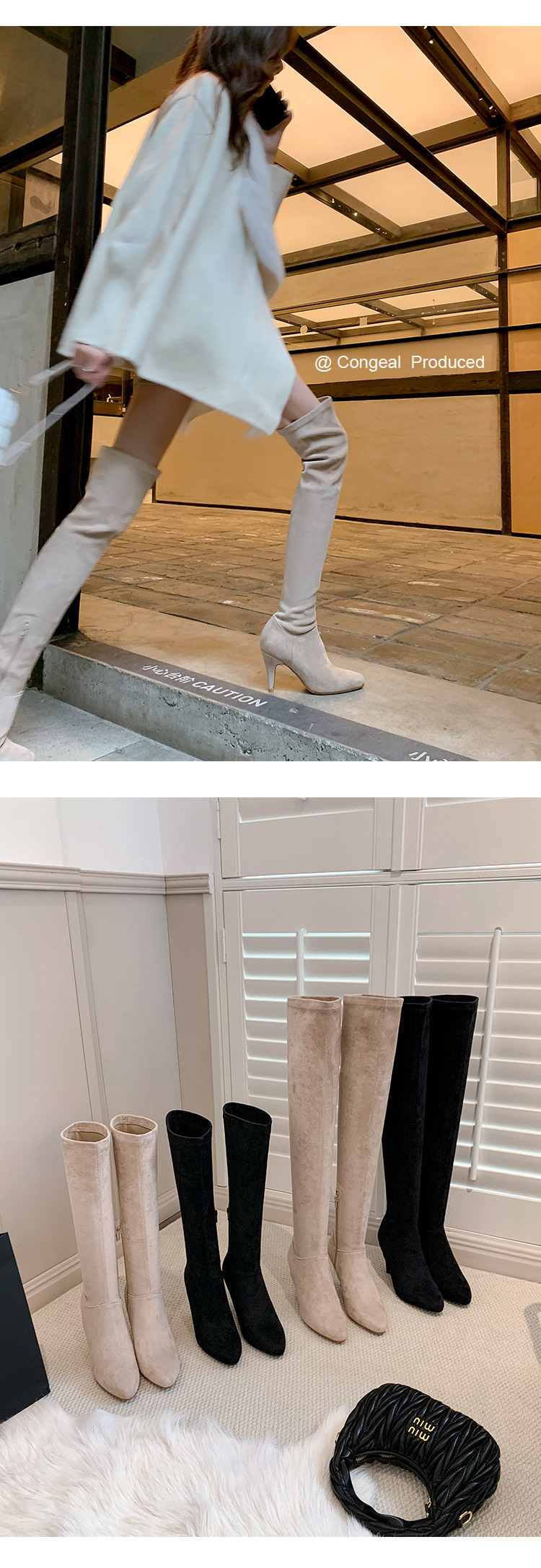 Boot nữ cổ cao trên gối mũi nhọn gót cao 9 cm chất da lộn co giãn — Lớp lót nhung tiêu chuẩn màu đen trên đầu gối, Lớp lót nhung lớn màu mơ trên đầu gối, Giày bốt cao cấp lót nhung tiêu chuẩn màu mơ, Lớp lót nhung đen trên đầu gối chi tiết 29