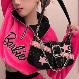 2025新款小众设计粉色皮带星星法棍单肩包y2k辣妹链条腋下包女