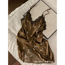 ins高级感动物美拉德冰丝睡裙女夏季2025新款爆款花边吊带连衣裙