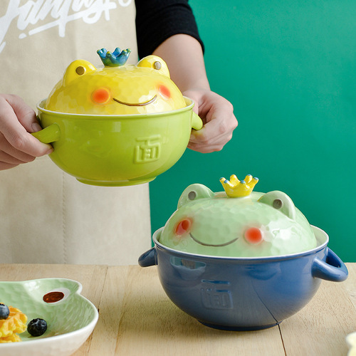 Japanese and Korean cartoon cute frog color glaze ceramic bowl and plate set with handle salad instant noodle bowl household children's rice bowl