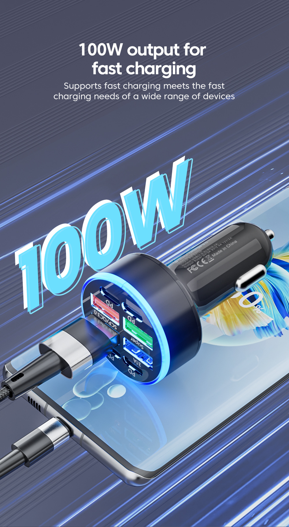 Multi-port with digital display support super fast charging 6/8 port with voltage vehicle-mounted one-to-six/8-car fast charging cross-border