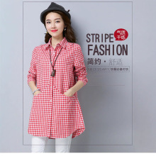 2025新款含棉格子衬衫女春秋宽松大码中长款口袋新薄款罩衣女外穿