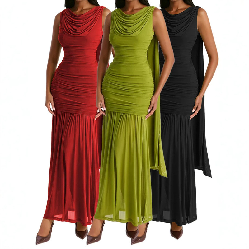 2026 New Model Cross-Border European and American Women's Clothing Mesh Swing Collar Sleeveless Ruffled Waist-Cinching Party Dress for Women