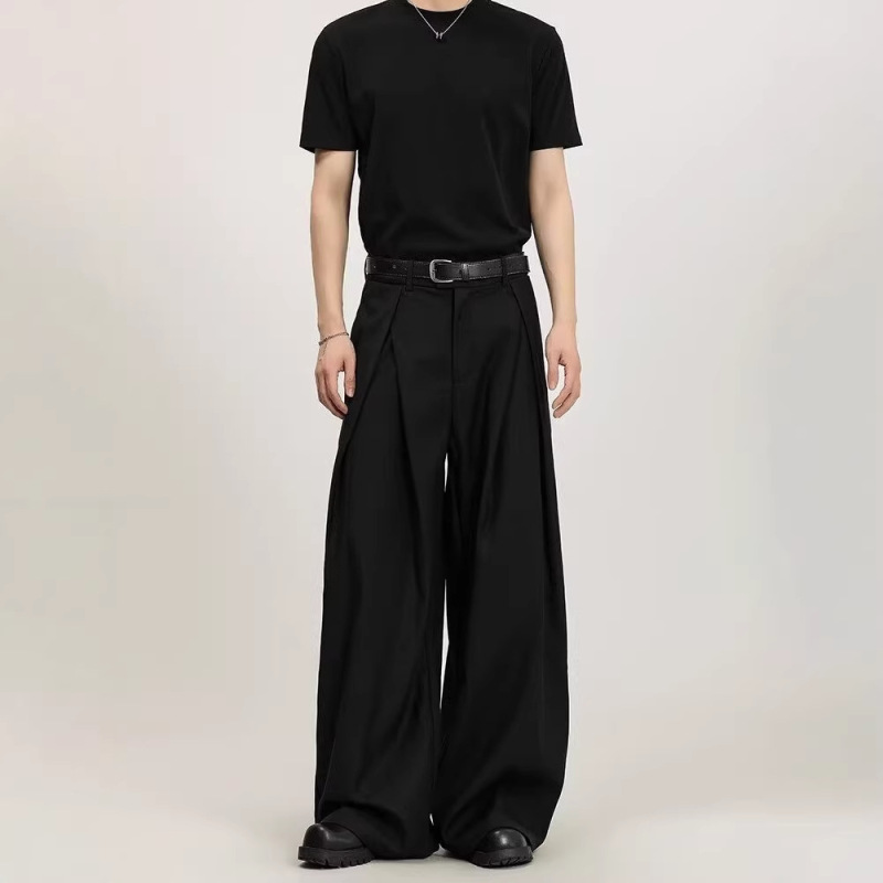 Black High-End A-Line Pleated Trousers for Men, Trendy Casual Workwear, Loose Fit, Versatile Straight Wide-Leg Pants Black High-End A-Line Pleated Trousers for Men, Trendy Casual Workwear, Loose Fit, Versatile Straight Wide-Leg Pants