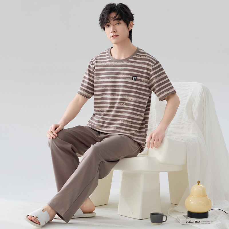 Hombre pijama de manga corta hombre verano 100% algodón tipo A delgado engordado tamaño grande se puede usar fuera conjunto de ropa de casa