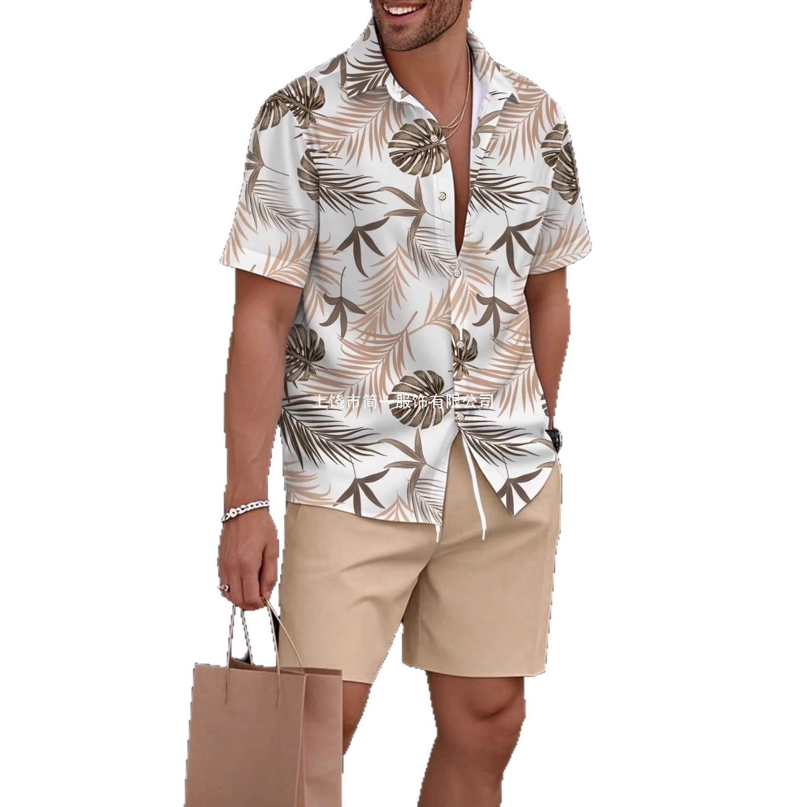 Comercio exterior transfronterizo retro camisa de botón de verano set de pantalones cortos 3D impresión casual vacaciones cardigan hombre set de dos piezas