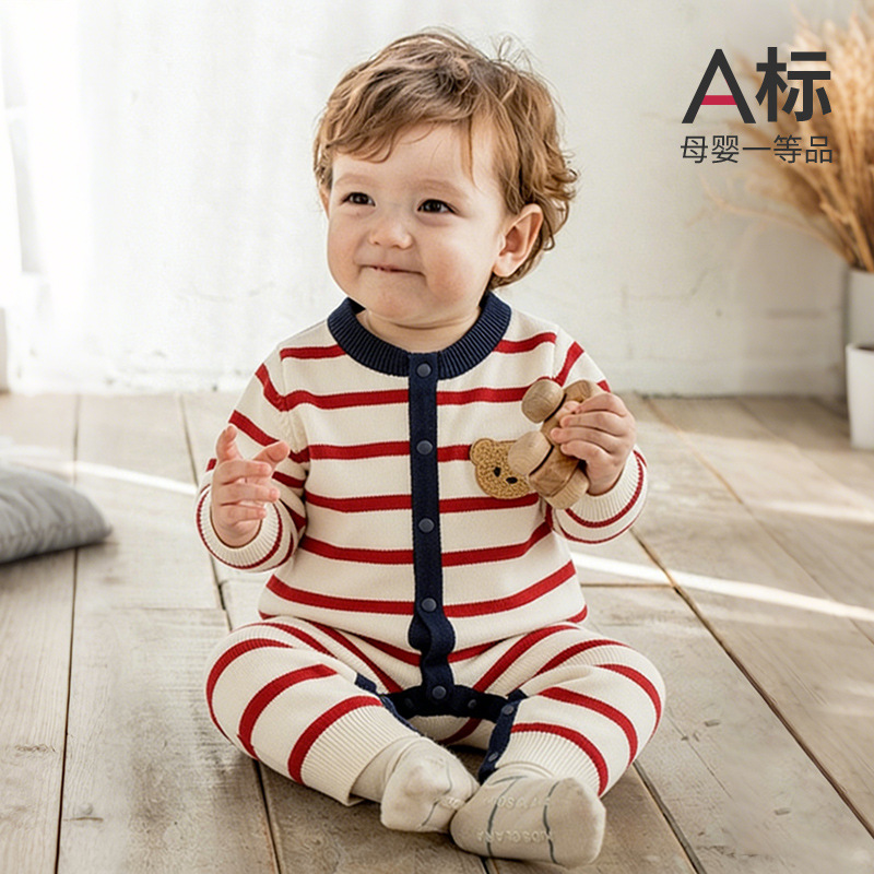 Autumn and Winter Newborn Class A Baby One-piece Suit Cute Classic Striped Baby One-piece Suit Climbing Suit Outer Wear
