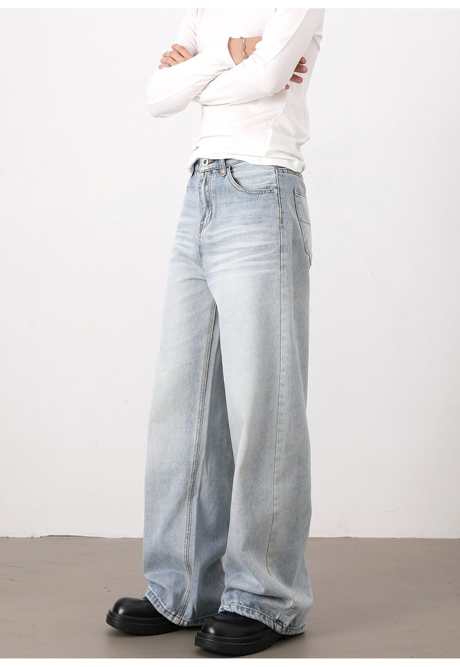 Quần jean nam ống đứng dáng rộng phong cách retro, hiệu ứng râu mèo, quần dài dễ phối đồ — Màu xanh dương, Xanh nhạt chi tiết 12