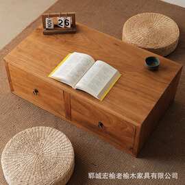 老榆木仿古榻榻米茶几实木飘窗矮桌茶几阳台禅意小茶几带抽屉茶桌