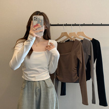 德绒方领正肩t恤女上衣秋冬新款修身显瘦短款辣妹软糯内搭打底衫