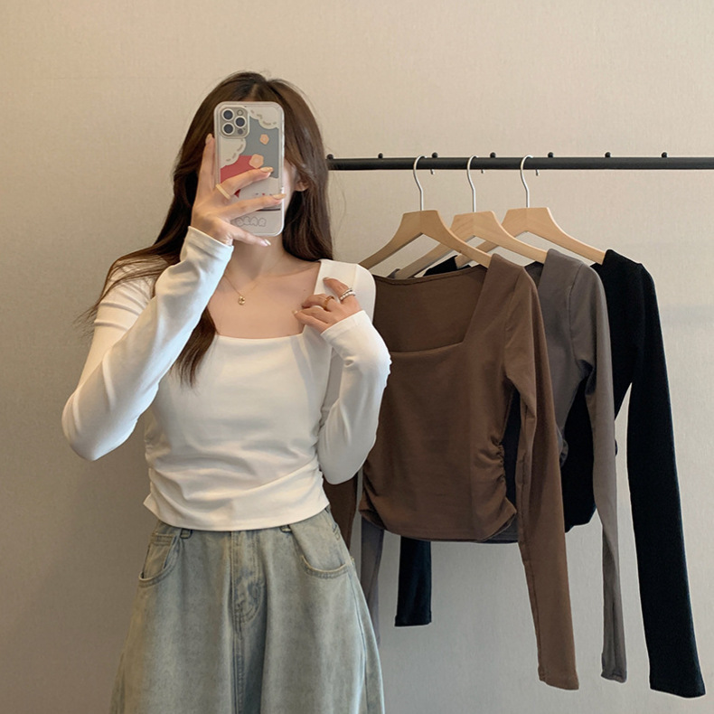 德绒方领正肩t恤女上衣秋冬新款修身显瘦短款辣妹软糯内搭打底衫