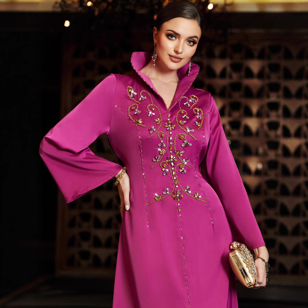 3060 Luxurious Rose Pink Long Dress with Stand Collar, Flared Sleeves, and Glass Rhinestone Embroidery