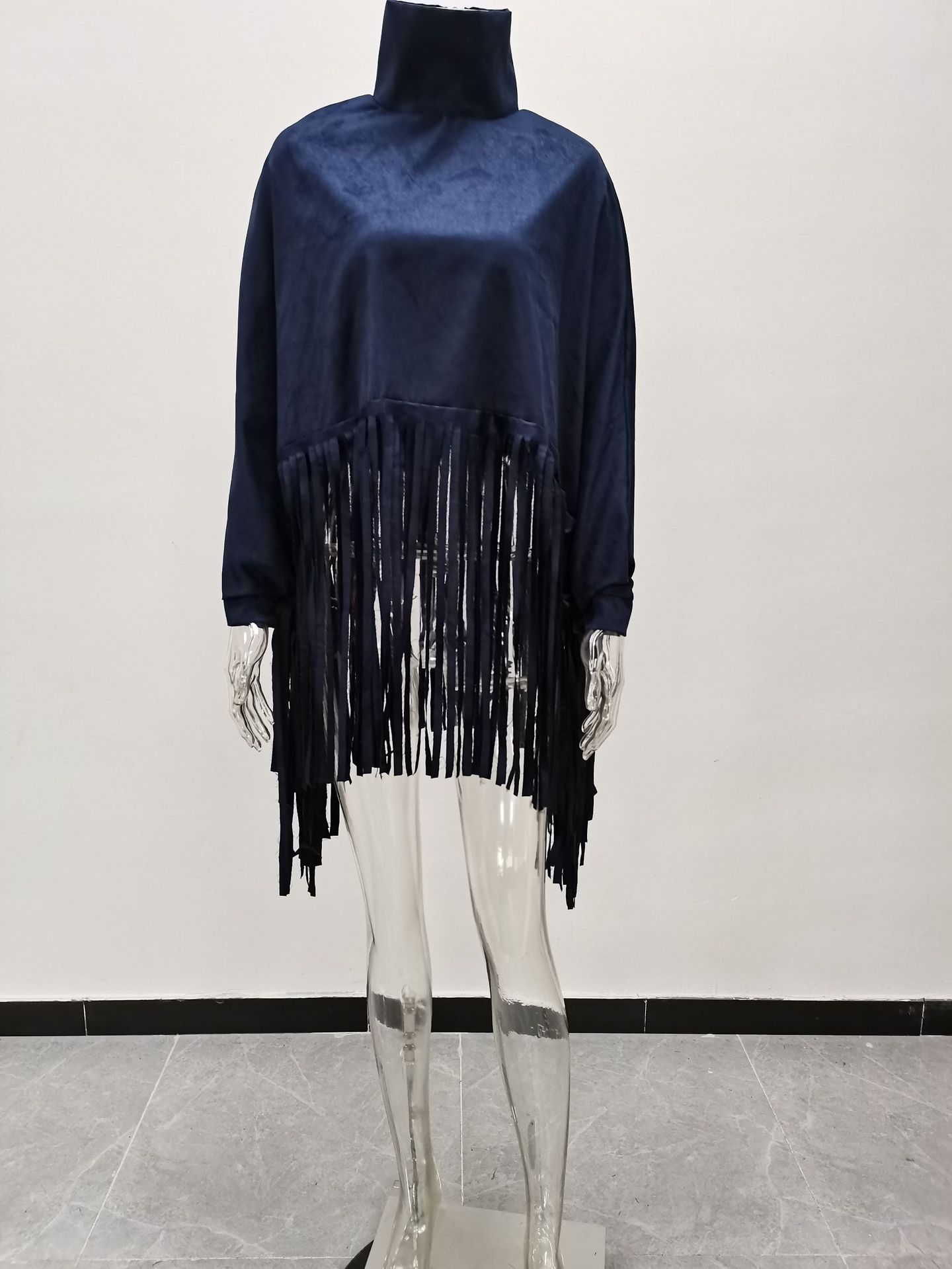 Women's fashion solid color long sleeve fringe top_voghion.com
