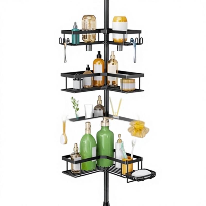 Four-Tier Telescopic Bathroom Storage Rack, Corner Rust-Proof Bathroom Organizer with Soap Holder and Hooks