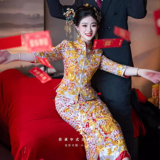 2024 Winter New Dragon and Phoenix gown wedding dress Chinese Bride wedding gown high-end Xiuhe gown heavy work gown queen gown