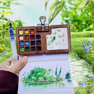 Cross-Border Wooden Palette Outdoor Convenient Mini Paint Box Art Student Seasoning Storage Tray Watercolor Paint Box