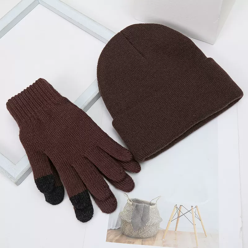 秋冬韩版分指毛绒手套女纯色百搭保暖手套学生针织手套帽子套装