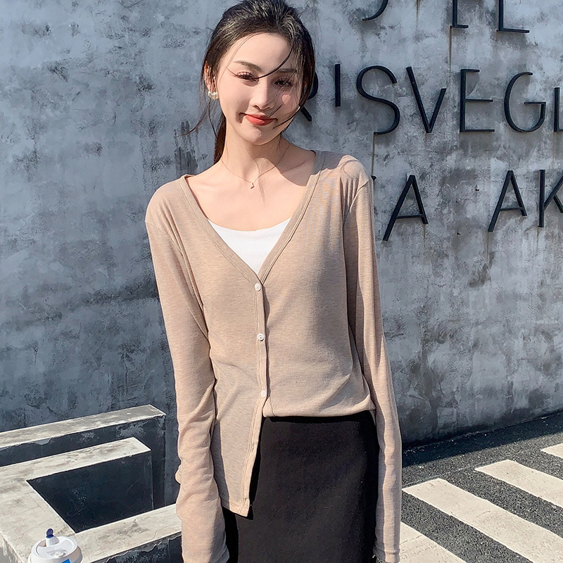 Tencel Cardigan Korean Style V Neck Knitwear Pure Color Summer Air-Conditioning Shirt Outer Wear Long-Sleeved Bottoming Shirt for Women Slimming Look Tencel Cardigan Korean Style V Neck Knitwear Pure Color Summer Air-Conditioning Shirt Outer Wear Long-Sleeved Bottoming Shirt for Women Slimming Look
