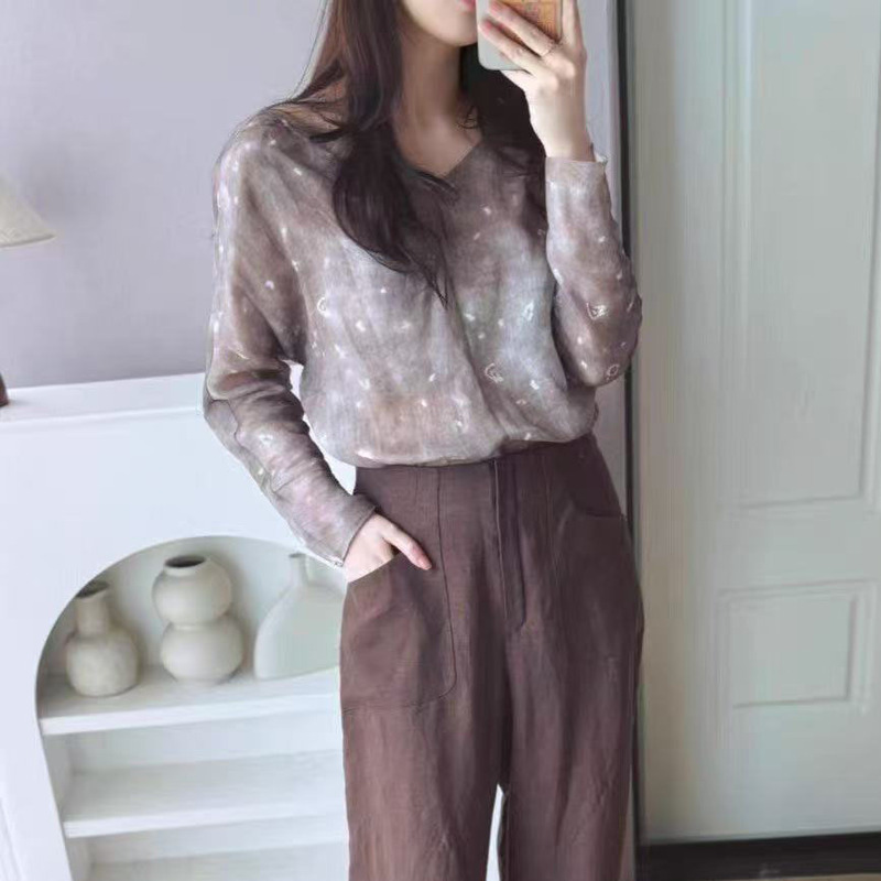 Nanyou High-end Women's Clothing 25 Spring and Summer New Cort Niche Design Ramie Printing V-neck Long Sleeve Shirt Shirt Women