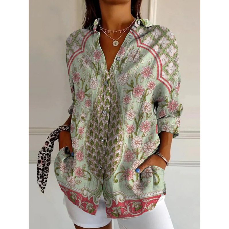 2023 Europe and the United States Amazon 3 digital printing abstract pattern women's long sleeve buckle linen shirt