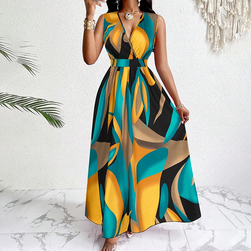 Slim Fit Type Printing Pattern 2025 Spring and Summer Season Wholesale Women's Elegant Sexy Tropical Printing Printing Family Gathering Travel Beach V Neck Sleeveless A- Line Skirt
