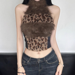 Lianlianbu 忘れられないホットヒョウ柄毛皮スプライシングハイカラーショルダーベスト女性ホットガール痩身ウエストハイカラートップ